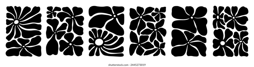 Black and white retro flower illustration set. Vintage style hippie floral clipart element design collection. Hand drawn nature collage, spring season drawing bundle with daisy flowers.