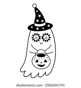 Black and white Retro ghost clipart. Halloween clipart. Retro Halloween clipart in cartoon flat style. Groovy Halloween doodle. Hand drawn vector illustration.