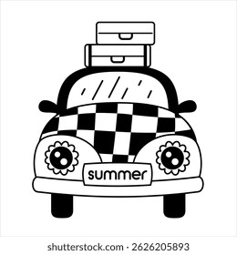 Black and white retro groovy car doodle, cute cartoon seasonal transport. Summer hand drawn vector illustration in flat style