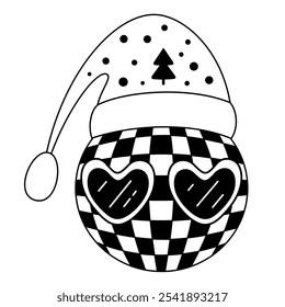 Schwarz-weiß Retro Groovy Weihnachts Disco Ball Clipart. Nettes festliches Doodle. Handgezeichnete Vektorgrafik im flachen Stil