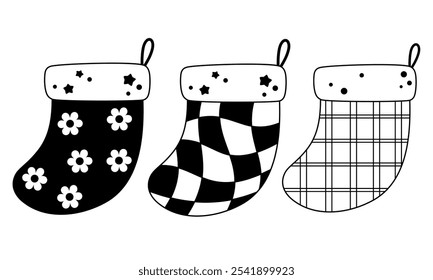 Black and white retro groovy Christmas socks clipart. Christmas clipart. Cute festive doodle. Hand drawn vector illustration in flat style