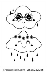 Black and white retro groovy clouds clipart set, cute sky character. Hand drawn vector illustration in flat style for cards, invitations, education, prints
