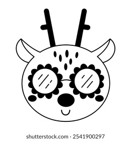 Black and white retro groovy deer face clipart. Cute seosonal character. Hand draw vector illustration in flat style	
