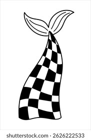 Black and white retro groovy mermaid tail, cute cartoon sea object. Ocean hand drawn vector illustration in flat style