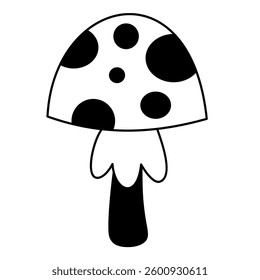 Black and white retro groovy mushroom clipart, boho mushroom, cute hand drawn vector illustration in flat style.