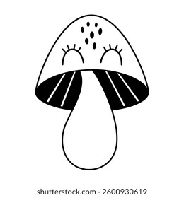 Black and white retro groovy mushroom clipart, boho mushroom, cute hand drawn vector illustration in flat style.