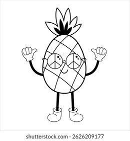 Black and white retro groovy pineapple doodle, cute cartoon tropical fruit. Fruit character, summer hand drawn vector illustration in flat style