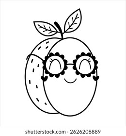 Black and white retro groovy plum doodle, cute cartoon seasonal fruit. Fruit character, summer hand drawn vector illustration in flat style