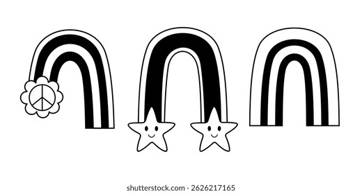 Black and white retro groovy rainbows doodle set, isolated cartoon seasonal objects. Hand drawn vector illustration in flat style.