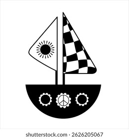 Black and white retro groovy sailboat doodle, cute cartoon seasonal sea transport. Summer hand drawn vector illustration in flat style