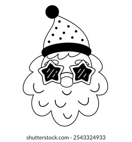 Black and white retro groovy Santa Claus clipart. Santa doodle. Cute Christmas character. Hand draw vector illustration in flat style