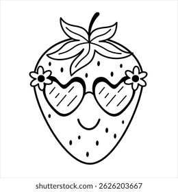 Black and white retro groovy strawberry doodle, cute cartoon seasonal fruit. Summer fruit character hand drawn vector illustration in flat style