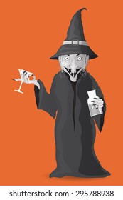 Black and white retro Halloween smiling witch offering a glass of poison in vector