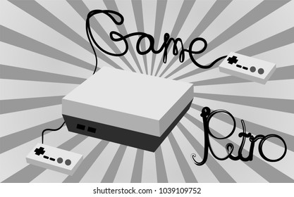 Black and white retro hipster rectangular volumetric vintage game console and an inscription game written by black wires with two joys and buttons on a gray background. Vector illustration