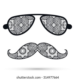 Black and white retro hipster sunglasses with decorative ornament and mustache, isolated elements for scrapbook, t-shirt print, invitation or greeting card design. Vector hand drawn sketch artwork
