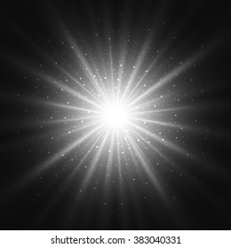 Black and white retro light sunburst background. Vector star burst glow shine with sparkles  illustration.