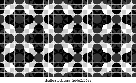 Black and white retro pattern with stylized geometric flowers and interlocking curves. Ideal for editorial design, fabric, and classic decor elements.