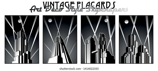Black and White Retro Style Buildings Posters, Art Deco Architectural Style 1920s, 1930s 