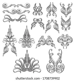 Black and white retro style decorative floral elements collection.