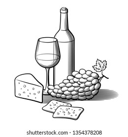 Black and white retro style hand drawn vector illustration. Bottle of wine, wineglass, bunch of grapes and sliced cheese.