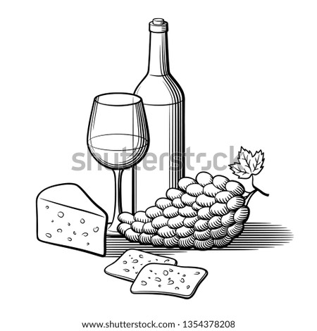 Black and white retro style hand drawn vector illustration. Bottle of wine, wineglass, bunch of grapes and sliced cheese.