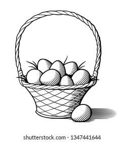 Black and white retro style vector illustration of wicker basket with eggs