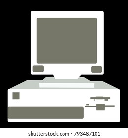 Black and white retro, vintage, hipster, old computer from the 80's, 90's with a system unit located below the monitor on a black background.Vector illustration.