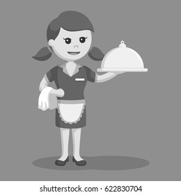 black and white retro waitress with platter black and white style
