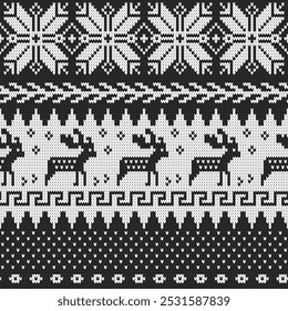 Black  White retro winter holiday knit Vector Pattern. Timeless fair isle knitting texture with reindeer and folk motifs in black and white seamless pattern.