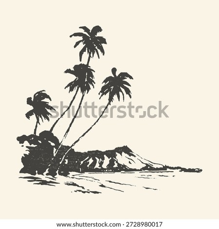 A black and white, retro-style illustration features silhouetted palm trees swaying on a lush island shore, with a prominent mountain range in the distance.