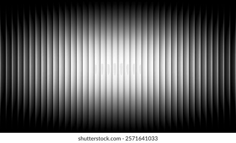 Black and white ribbed fractal texture with glass effect and bright smooth fluted vertical gradient lines. Minimalist monochrome abstract design blending geometric symmetry and soft light transitions