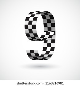 Black and white ribbon 9 vector number. Decorative black and white digit nine character with 3d effect.