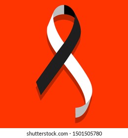 Black And White Ribbon Anti-Corruption, Anti-Racism, Carcinoid Syndrome Cancer, Diversity, Vaccine Awareness. On Red Background. 