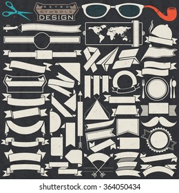 Black and white ribbons collection. Set of Retro vintage style template for all design. Objects silhouettes. Vector illustrations.