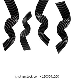 Black and white ribbons, curl with stripes texture. Vector abstract 3d spiral wave with glitor on white background for design. 