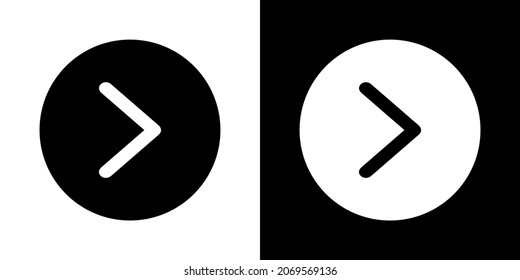 Black and White Right Arrow Vector Icon. Right arrow button icon. Sign interface icons vector design template. Arrow icons graphic design vector sign symbol. Vector icon on white and black background.