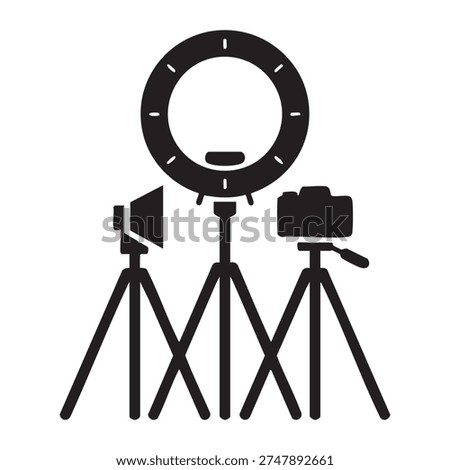 Black and white of ring light, camera, and reflector