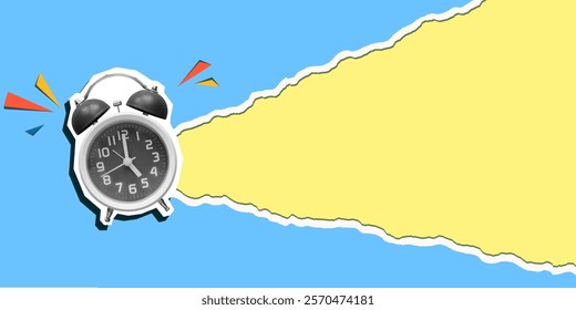 Black and white ringing alarm clock on torn paper background with a place for text. Modern photo collage style. Vector illustration