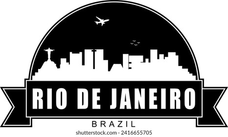 Black and white Rio De Janeiro Brazil city buildings skyline negative air space silhouette dome shaped emblem with scroll banner below and name text inside. Vector eps graphic design.