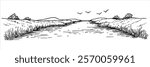 black and white river landscape illustration with grass and hills