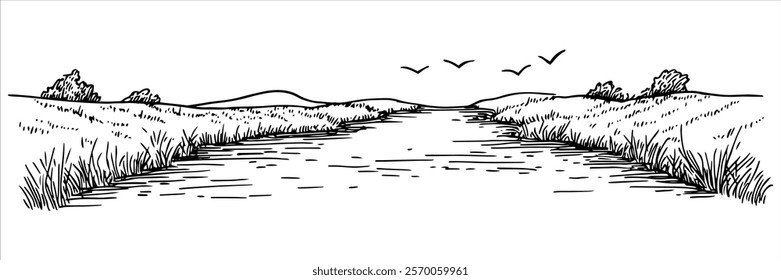 black and white river landscape illustration with grass and hills