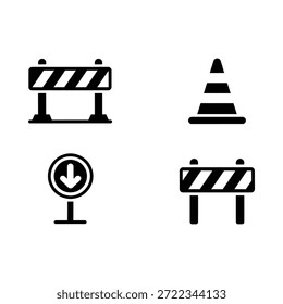 Black and white road construction warning signs and barriers icons