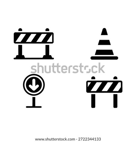 Black and white road construction warning signs and barriers icons