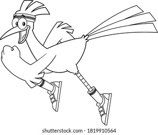 Black And White Roadrunner Bird Cartoon Character Jogging. Vector Illustration Isolated On White Background