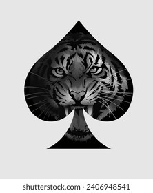 black and white roaring tiger face in spade suit icon vector illustration