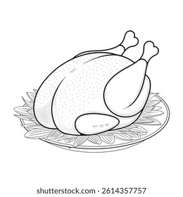 A black and white roast chicken illustration line art of a coloring page