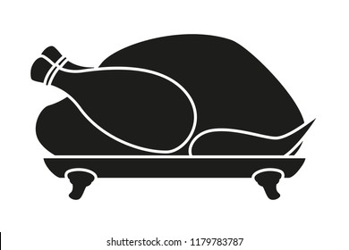 Black and white roast turkey silhouette. Holiday feast food. Thanksgiving themed vector illustration for icon, logo, stamp, label, sticker, badge, gift card, certificate or flayer decoration