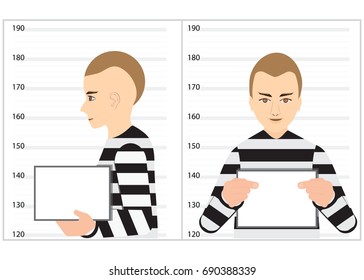 Black And White Robber Mugshot Arrested And Standing For Police Photo, Vintage Retro Style  Conceptual Vector Illustration.