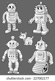 Black and white robots on grey - eps10 vector illustration.