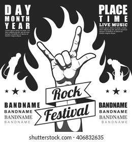 Black   white Rock festival poster  and rock n roll sign   fire 